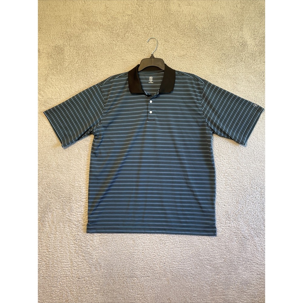PGA Tour Mens Striped Golf Polo Shirt Size L G Blue Black Short Sleeve